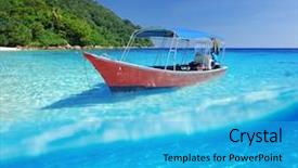  Presentation with white sand - Audience pleasing presentation design consisting of malaysia - beautiful beach and motor boat backdrop and a cyan colored foreground