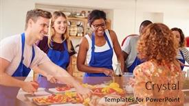  Presentation with students - Amazing slide deck having male-and-female-adult-students backdrop and a coral colored foreground