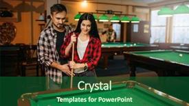  Presentation with billiard - Audience pleasing PPT layouts consisting of male and female billiard players backdrop and a forest green colored foreground