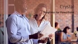  Presentation with busy - Presentation theme featuring male-and-female-business-colleagues background and a coral colored foreground