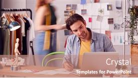  Presentation with working together - Cool new PPT theme with male-and-female-business-owners backdrop and a coral colored foreground