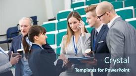  Presentation with lecture hall - Presentation design consisting of male and female business people discussing while standing in lecture hall background and a ocean colored foreground