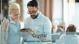  Presentation with digital project - Slide deck having male and female coworkers background and a light blue colored foreground