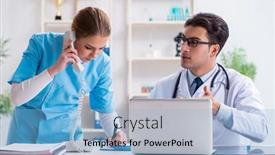  Presentation with discussion - Amazing slide set having male and female doctor having discussion in hospital backdrop and a light blue colored foreground