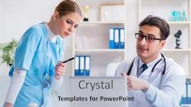  Presentation with discussion - Amazing slide set having male and female doctor having discussion in hospital backdrop and a light blue colored foreground