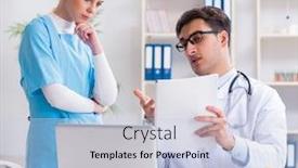  Presentation with discussion - Slide set enhanced with male and female doctor having discussion in hospital background and a lemonade colored foreground