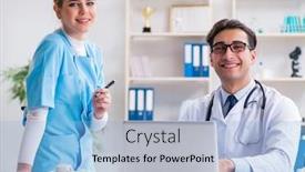  Presentation with discussion - PPT theme featuring male-and-female-doctor-having background and a light blue colored foreground