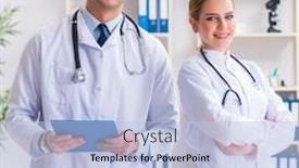  Presentation with discussion - Beautiful presentation theme featuring male-and-female-doctor-having backdrop and a light blue colored foreground