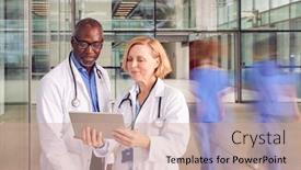  Presentation with digital hospital - PPT layouts enhanced with male-and-female-doctors-having background and a coral colored foreground