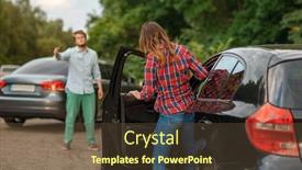  Presentation with road accident - Audience pleasing slide deck consisting of male and female drivers after car accident on road backdrop and a tawny brown colored foreground