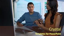  Presentation with executive - PPT theme having male-and-female-executive-using background and a tawny brown colored foreground