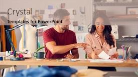  Presentation with designs - Presentation theme featuring male-and-female-fashion-designers background and a soft green colored foreground