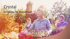  Presentation with nursery plant - Slide deck with male and female gardeners carrying crates with flower pots at plant nursery background and a lemonade colored foreground