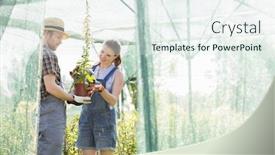  Presentation with greenhouse - Slide deck consisting of male and female gardeners discussing over potted plant at greenhouse background and a sky blue colored foreground