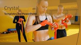 Presentation with bandages - PPT layouts featuring male-and-female-mma-fighters background and a gold colored foreground