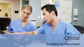  Presentation with male nurse - Slide set with male and female nurse working background and a light blue colored foreground