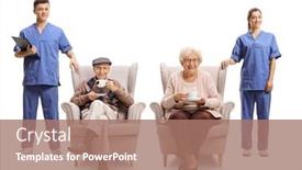  Presentation with male nurse - PPT theme consisting of male-and-female-nurse background and a coral colored foreground