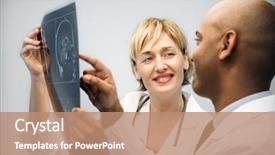  Presentation with xray - Slides featuring male and female physicians holding and looking at patient xray film pointing and smiling background and a coral colored foreground