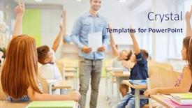  Presentation with female - Slide deck having male-and-female-pupils-answering and a sky blue colored foreground