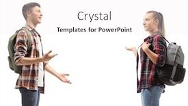  Presentation with student - Beautiful PPT layouts featuring male-and-female-student-talking backdrop and a white colored foreground