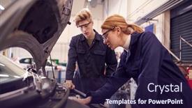  Presentation with female mechanic - Theme featuring male-and-female-students-looking background and a wine colored foreground