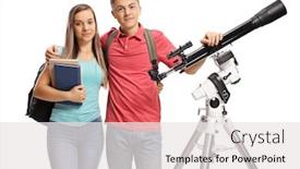  Presentation with telescope - Slide set enhanced with male-and-female-students-posing background and a white colored foreground