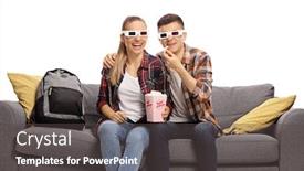  Presentation with popcorn movie - Amazing presentation design having male-and-female-students-sitting backdrop and a dark gray colored foreground
