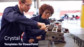  Presentation with female mechanic - Amazing slides having male-and-female-students-work backdrop and a wine colored foreground