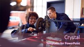  Presentation with female mechanic - Audience pleasing PPT layouts consisting of male-and-female-students-working backdrop and a tawny brown colored foreground