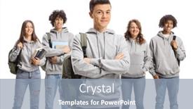  Presentation with students - PPT layouts having male-and-female-students background and a light blue colored foreground