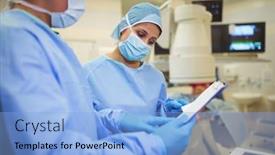  Presentation with healthcare workers - PPT layouts consisting of male-and-female-surgeons-having background and a light blue colored foreground