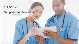  Presentation with digital hospital - Cool new PPT theme with male and female surgeons looking backdrop and a light gray colored foreground