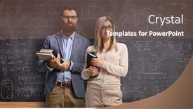  Presentation with books - Beautiful PPT layouts featuring male-and-female-teacher-holding backdrop and a violet colored foreground