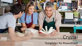  Presentation with factory workers - Colorful PPT theme enhanced with male and female workers analyzing notebook together in factory backdrop and a coral colored foreground