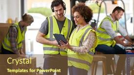  Presentation with logistics distribution - Slide set having male-and-female-workers-wearing background and a tawny brown colored foreground