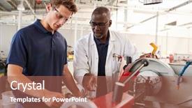  Presentation with apprentice - Audience pleasing PPT layouts consisting of male apprentice at his workstation backdrop and a coral colored foreground