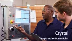  Presentation with cnc machine - Cool new presentation with male apprentice on cnc machine backdrop and a wine colored foreground