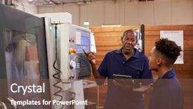  Presentation with cnc machine - Audience pleasing presentation theme consisting of male apprentice on cnc machine backdrop and a tawny brown colored foreground