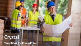  Presentation with construction piles - Beautiful PPT theme featuring male architect at construction site backdrop and a tawny brown colored foreground