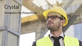  Presentation with young man wearing a hat - PPT theme having male architect wearing hard hat background and a coral colored foreground