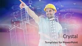  Presentation with architect - Amazing PPT layouts having male architect with blueprints pointing away against cloudy sky over city backdrop and a lemonade colored foreground