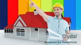  Presentation with architect - Beautiful PPT theme featuring male architect with blueprints pointing away against digitally generated house backdrop and a light blue colored foreground