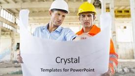 Presentation with architects - Presentation theme enhanced with male architects discussing over blueprint at construction site background and a light gray colored foreground
