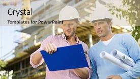  Presentation with architects - Theme consisting of male architects with blueprint and clipboard working at site background and a coral colored foreground