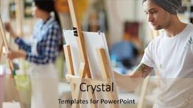  Presentation with sketching - Theme with male artist dressed in beanie background and a coral colored foreground