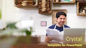  Presentation with laptop - Beautiful PPT theme featuring male-assistant-working-on-laptop backdrop and a tawny brown colored foreground