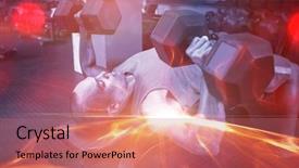  Presentation with weight - Cool new theme with male athlete exercising with dumbbells on weight bench in gym backdrop and a coral colored foreground