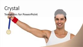  Presentation with gold medal - Cool new PPT layouts with male athlete holding gold medal after victory on white background backdrop and a white colored foreground