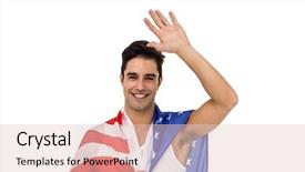  Presentation with wrapped flag - Amazing PPT layouts having male athlete posing with american flag wrapped around his body on white background backdrop and a lemonade colored foreground
