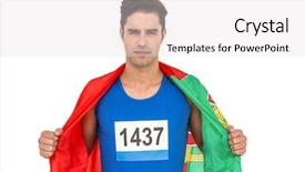  Presentation with wrapped flag - Theme enhanced with male athlete posing with portugal flag wrapped around his body on white background background and a light gray colored foreground